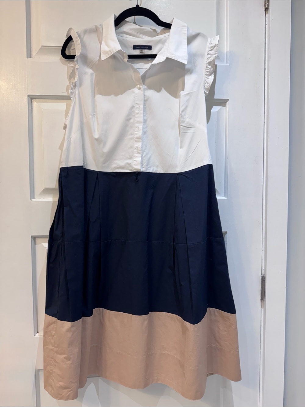 Tommy Hilfiger White Navy and Beige Colorblock Midi Dress Size 16